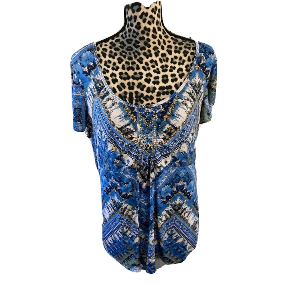 One World top blouse women 1X blue Fair Isle Aztec round neck beaded